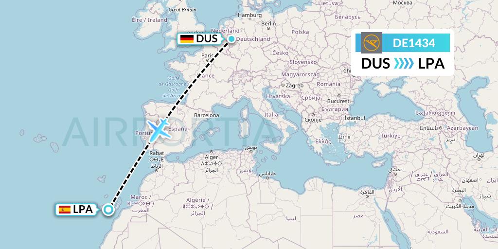 DE1434 Condor Flight Map: Dusseldorf to Las Palmas