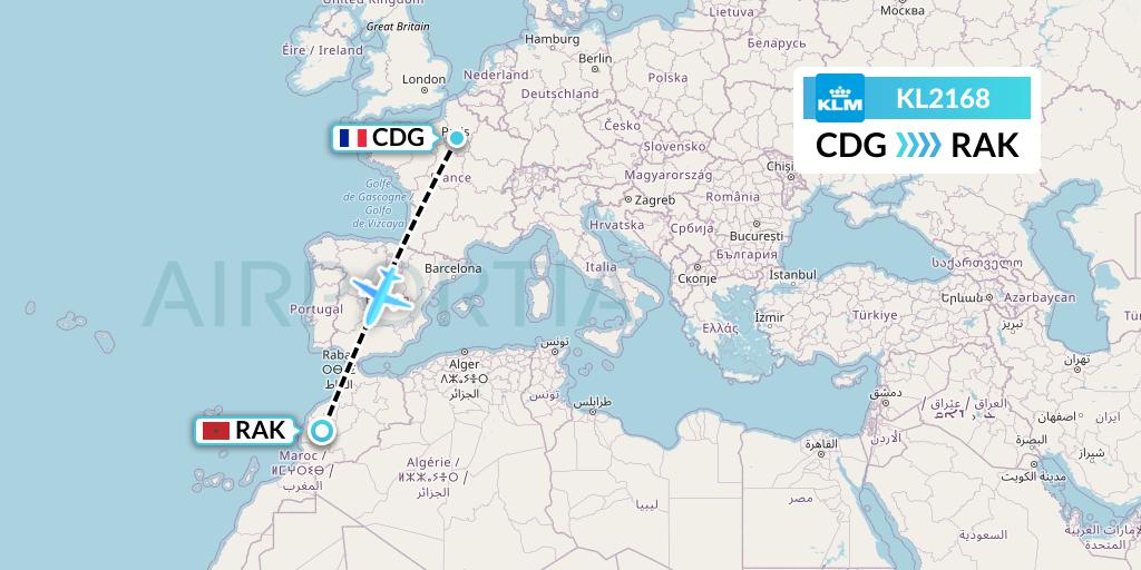 KL2168 KLM Flight Map: Paris to Marrakesh