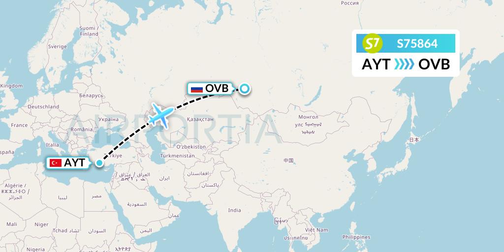 S75864 S7 Airlines Flight Map: Antalya to Novosibirsk