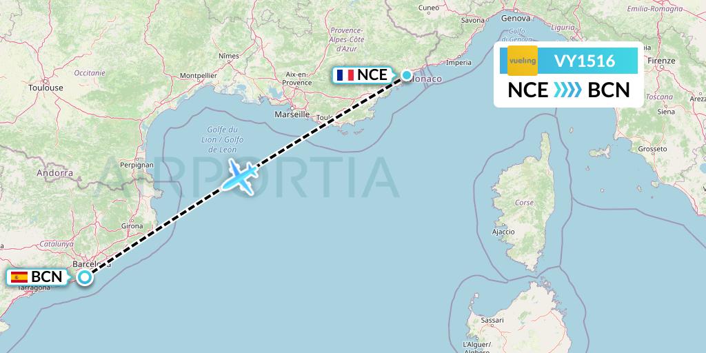 VY1516 Vueling Flight Map: Nice to Barcelona