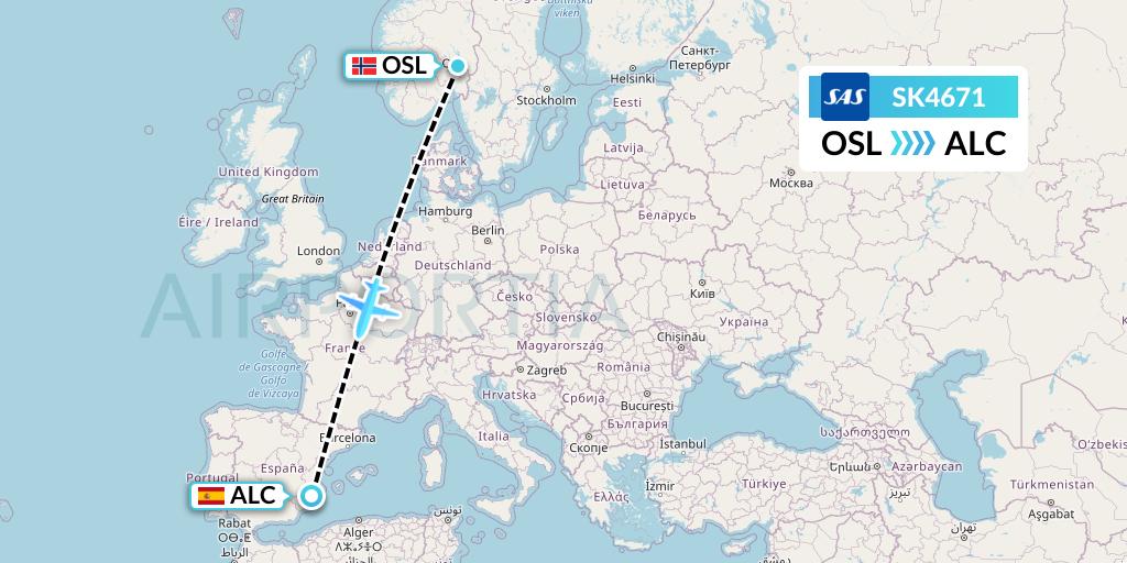 SK4671 SAS Flight Map: Oslo to Alicante
