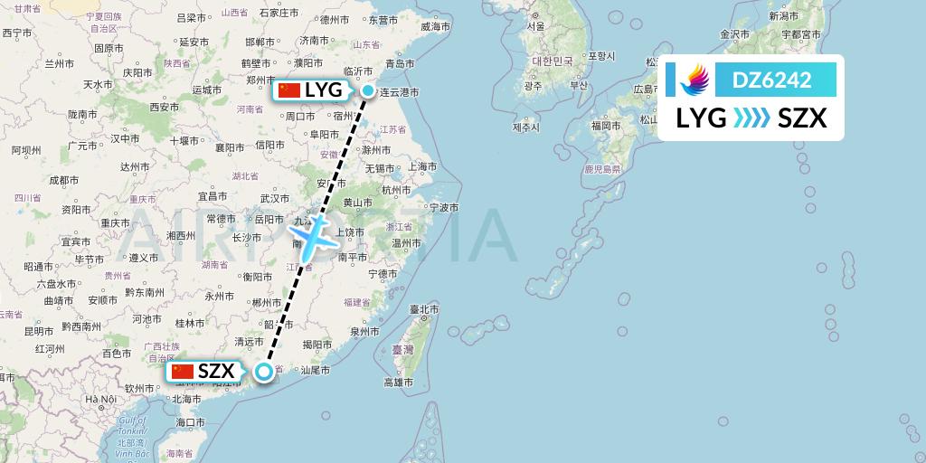 DZ6242 Donghai Airlines Flight Map: Lianyungang to Shenzhen