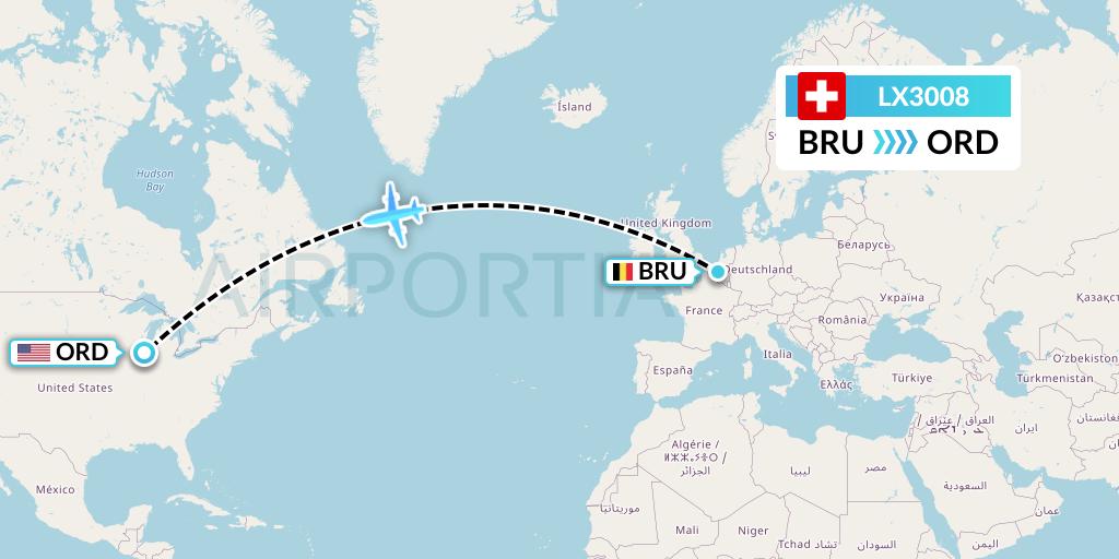 LX3008 Swiss Flight Map: Brussels to Chicago