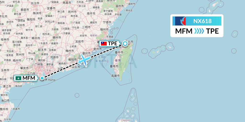NX618 Air Macau Flight Map: Macau to Taipei