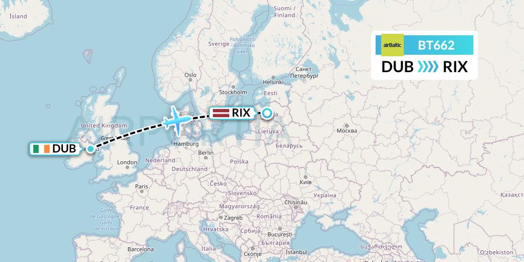BT662 Air Baltic Flight Map: Dublin to Riga