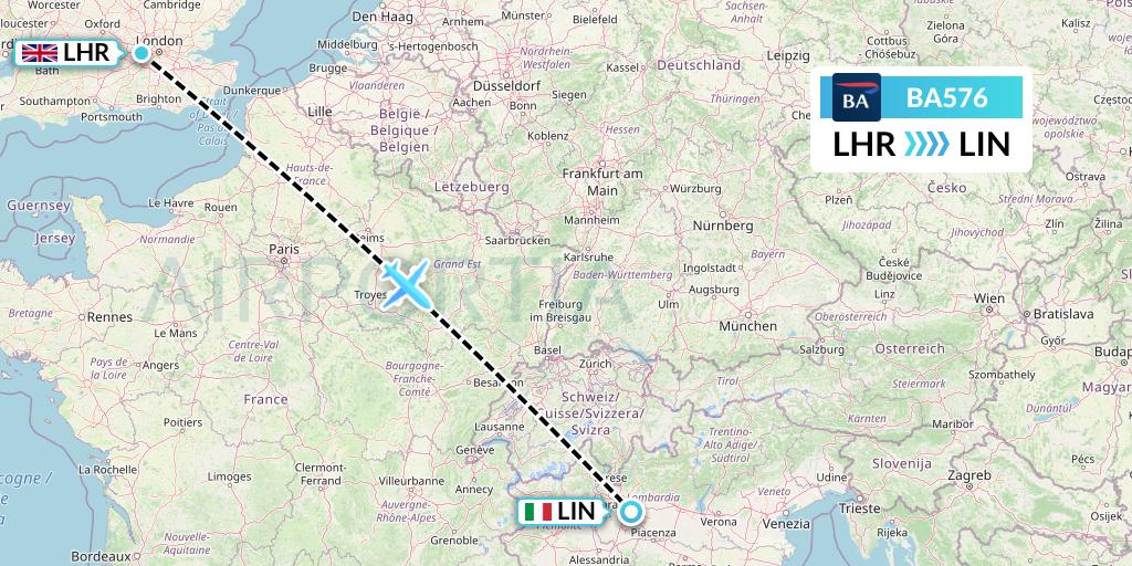 BA576 British Airways Flight Map: London to Milan