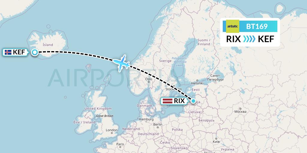 BT169 Air Baltic Flight Map: Riga to Reykjavik