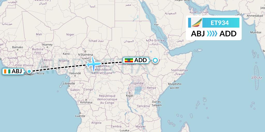 ET934 Ethiopian Airlines Flight Map: Abidjan to Addis Ababa