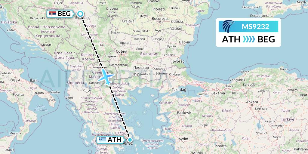 MS9232 EgyptAir Flight Map: Athens to Belgrade