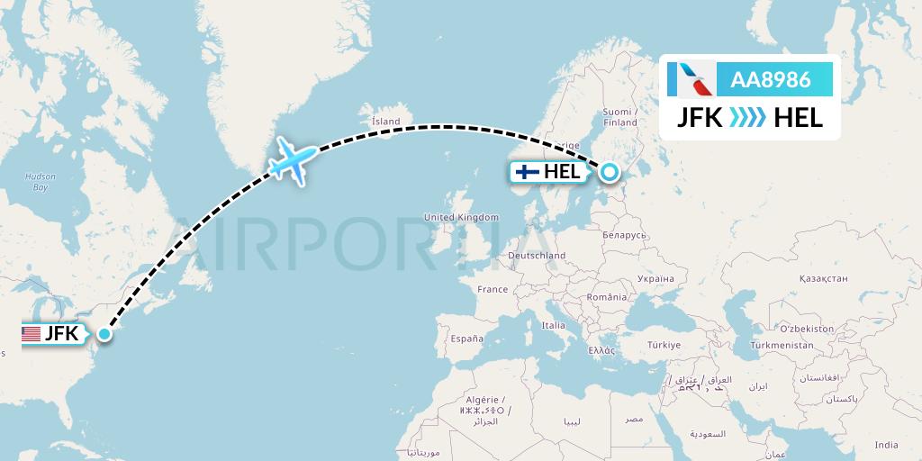 AA8986 American Airlines Flight Map: New York to Helsinki