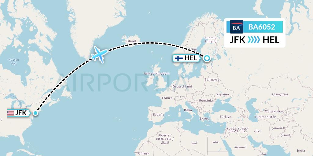 BA6052 British Airways Flight Map: New York to Helsinki