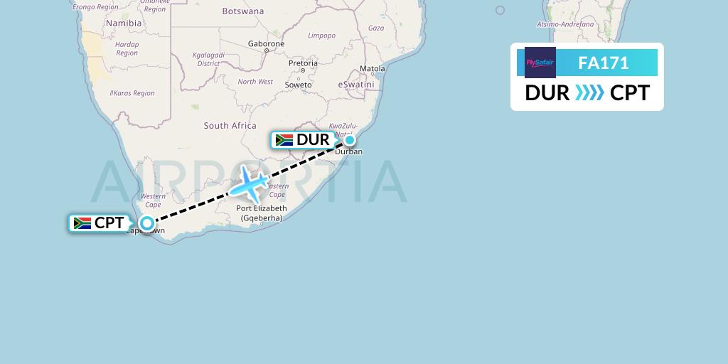 FA171 Safair Flight Map: Durban to Cape Town