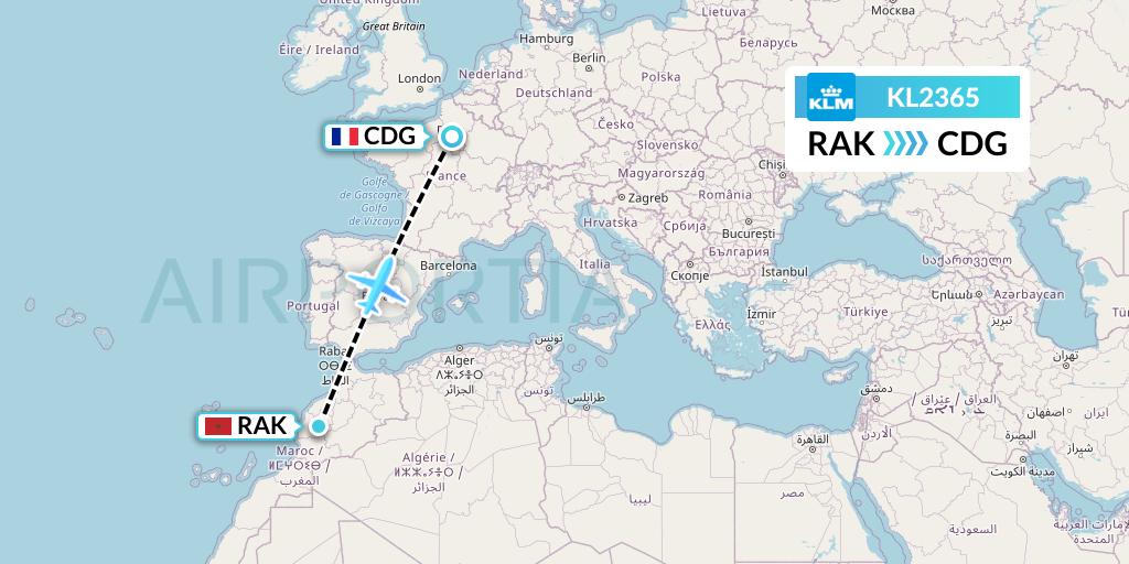 KL2365 KLM Flight Map: Marrakesh to Paris