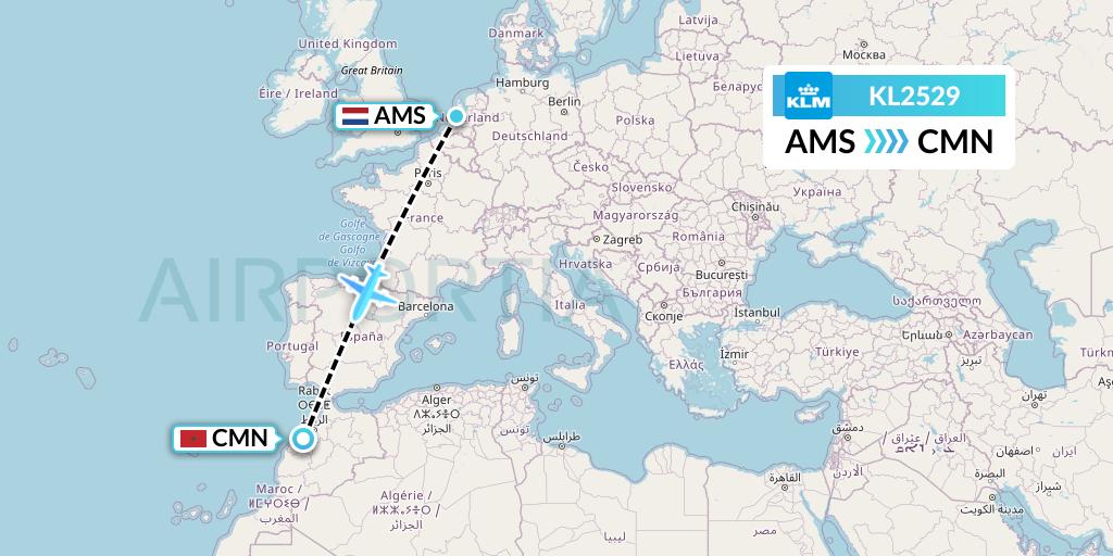 KL2529 KLM Flight Map: Amsterdam to Casablanca