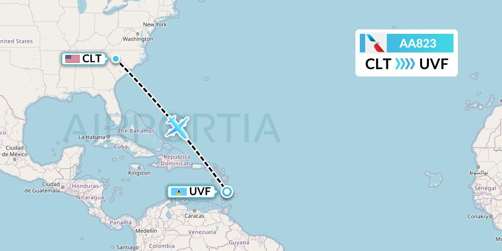 AA823 American Airlines Flight Map: Charlotte to Vieux Fort