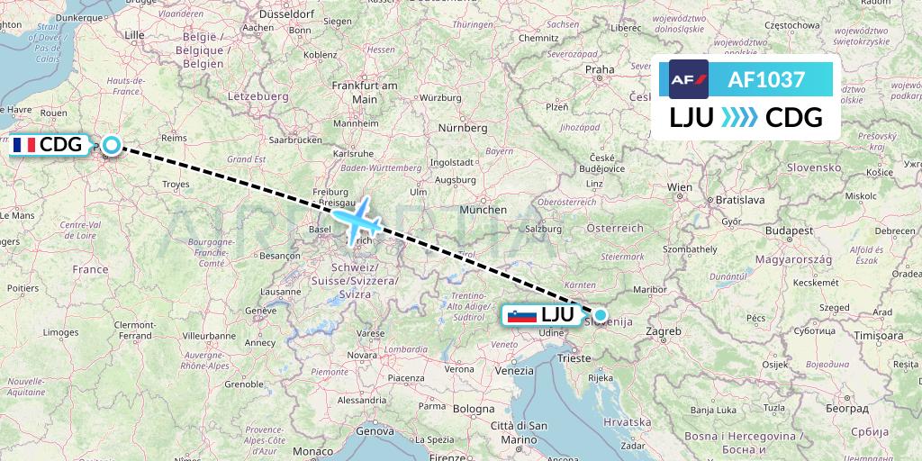 AF1037 Air France Flight Map: Ljubljana to Paris