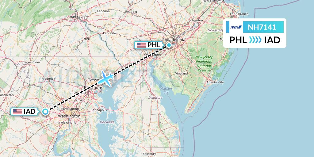 NH7141 All Nippon Airways Flight Map: Philadelphia to Washington