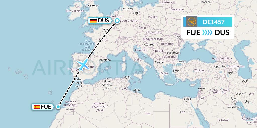 DE1457 Condor Flight Map: Fuerteventura to Dusseldorf