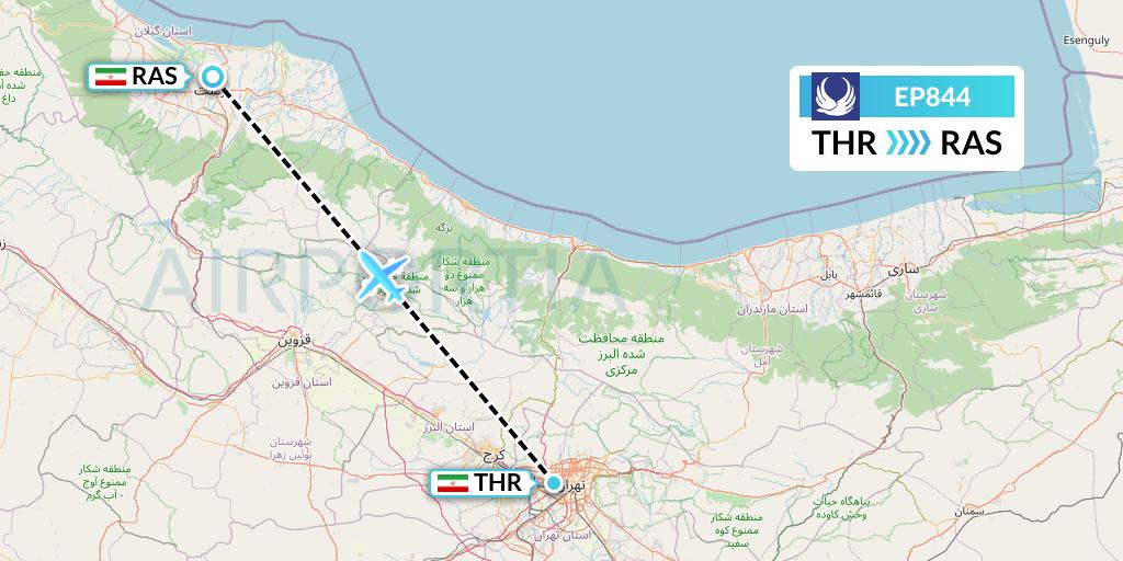 EP844 Iran Aseman Airlines Flight Map: Tehran to Rasht