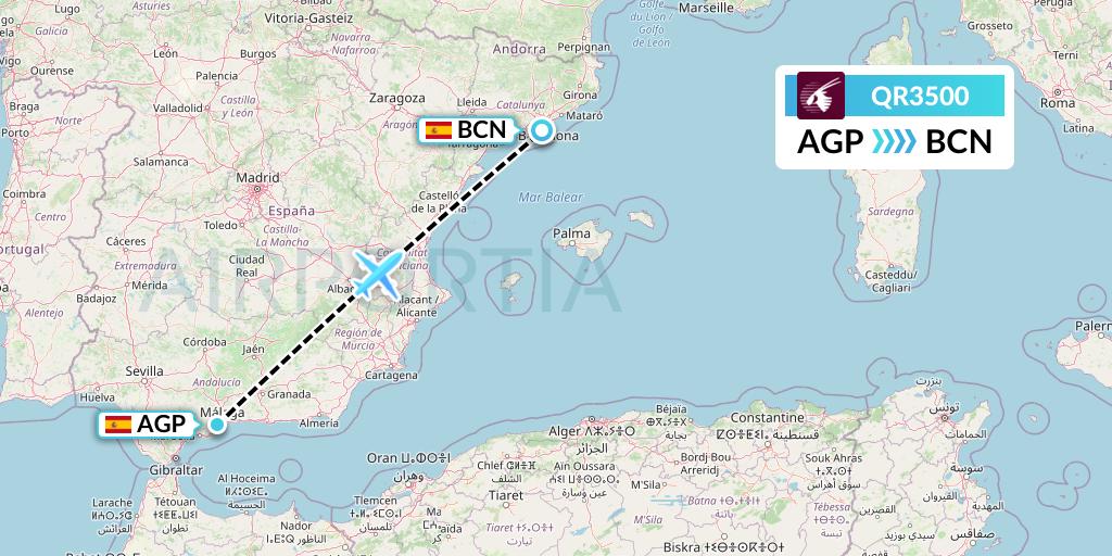 QR3500 Qatar Airways Flight Map: Malaga to Barcelona