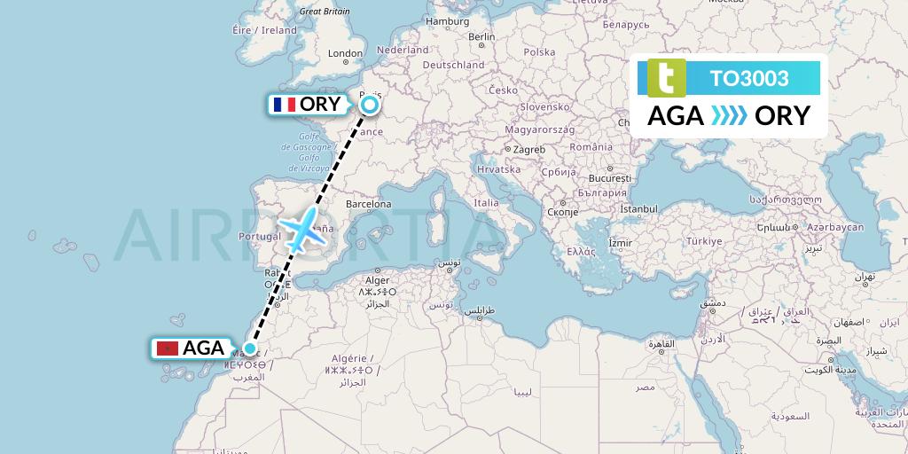 TO3003 Transavia France Flight Map: Agadir to Paris