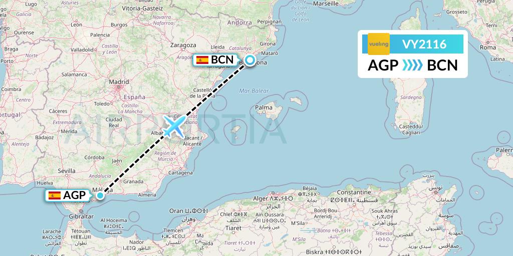 VY2116 Vueling Flight Map: Malaga to Barcelona