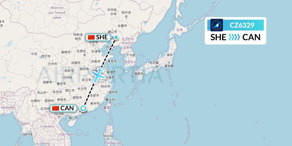 CZ6329 China Southern Airlines Flight Map: Shenyang to Guangzhou
