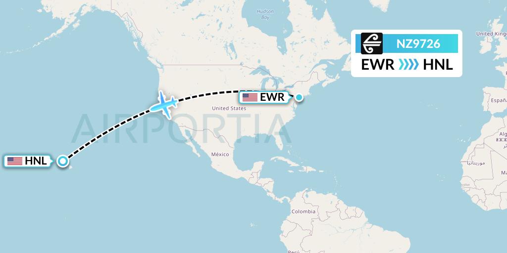 NZ9726 Air New Zealand Flight Map: New York to Honolulu
