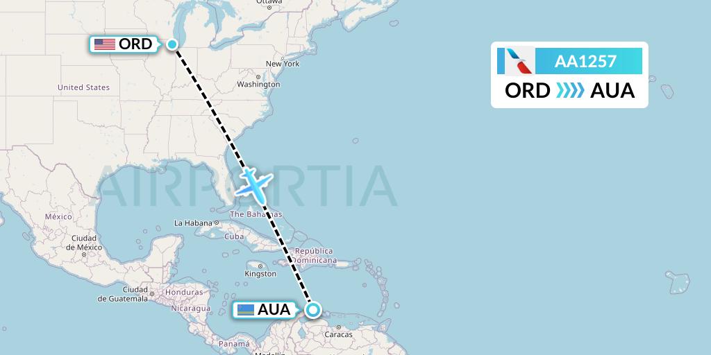 AA1257 American Airlines Flight Map: Chicago to Oranjestad