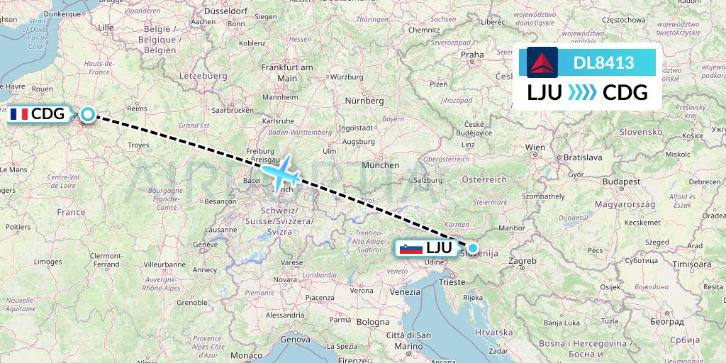 DL8413 Delta Air Lines Flight Map: Ljubljana to Paris