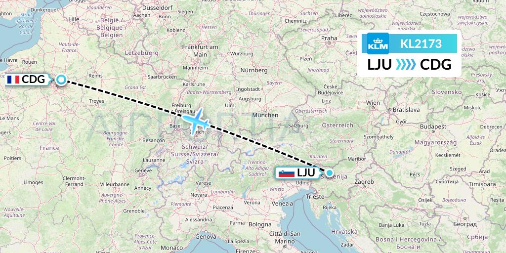 KL2173 KLM Flight Map: Ljubljana to Paris