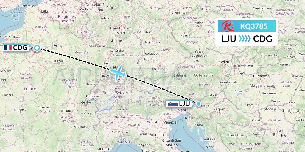 KQ3785 Kenya Airways Flight Map: Ljubljana to Paris