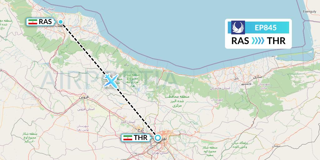 EP845 Iran Aseman Airlines Flight Map: Rasht to Tehran