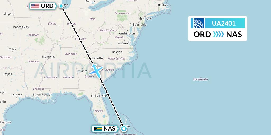 UA2401 United Airlines Flight Map: Chicago to Nassau