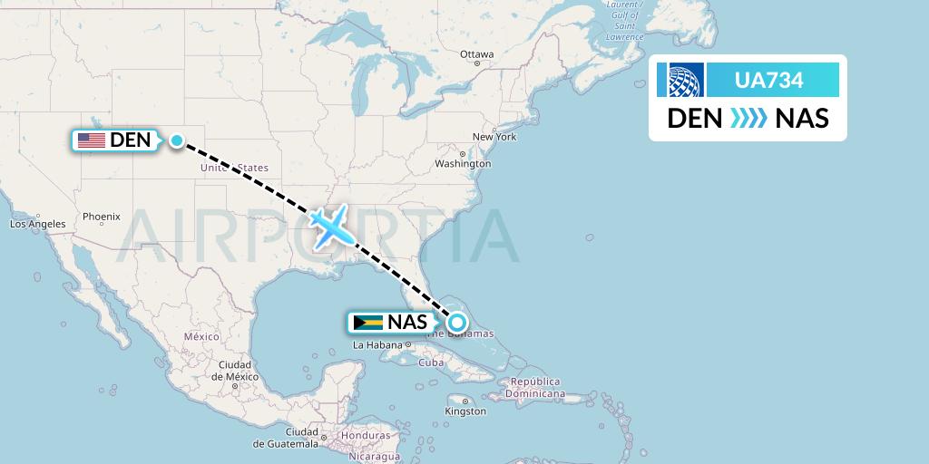 UA734 United Airlines Flight Map: Denver to Nassau