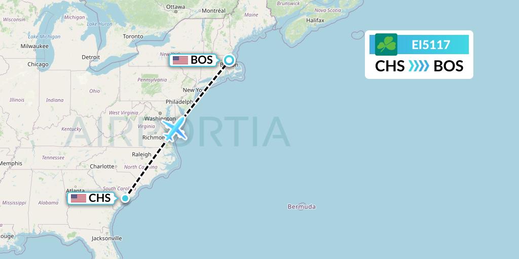 EI5117 Aer Lingus Flight Map: Charleston to Boston