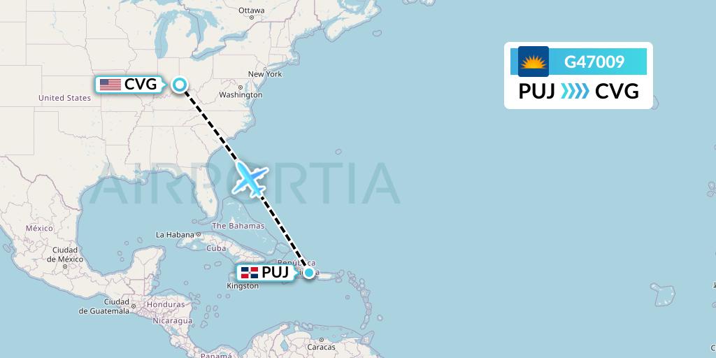 G47009 Allegiant Air Flight Map: Punta Cana to Cincinnati