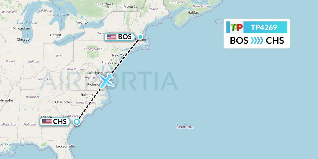 TP4269 TAP Portugal Flight Map: Boston to Charleston