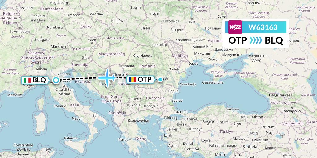 W63163 Wizz Air Flight Map: Bucharest to Bologna