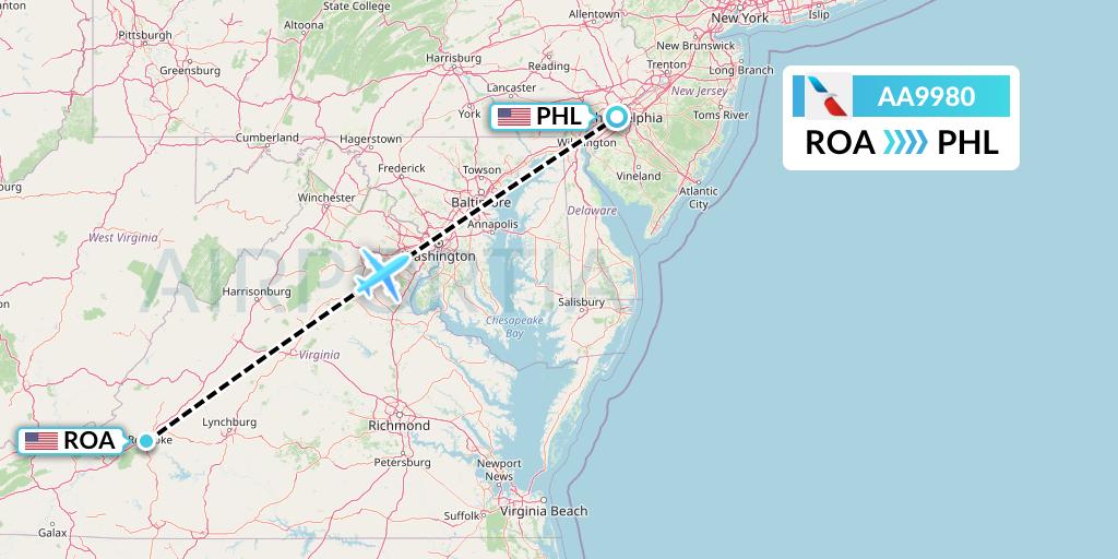 AA9980 American Airlines Flight Map: Roanoke to Philadelphia