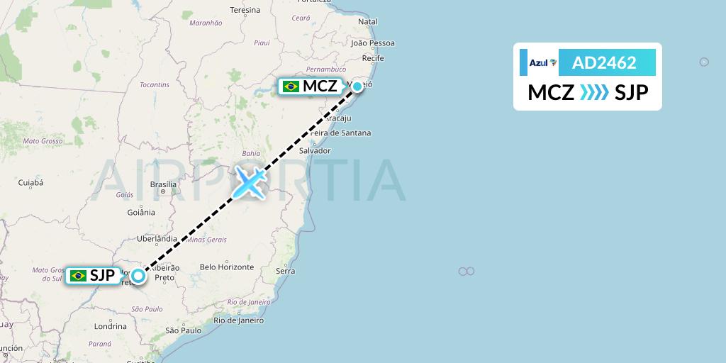 AD2462 Azul Brazilian Airlines Flight Map: Maceio to Sao Jose Do Rio Preto