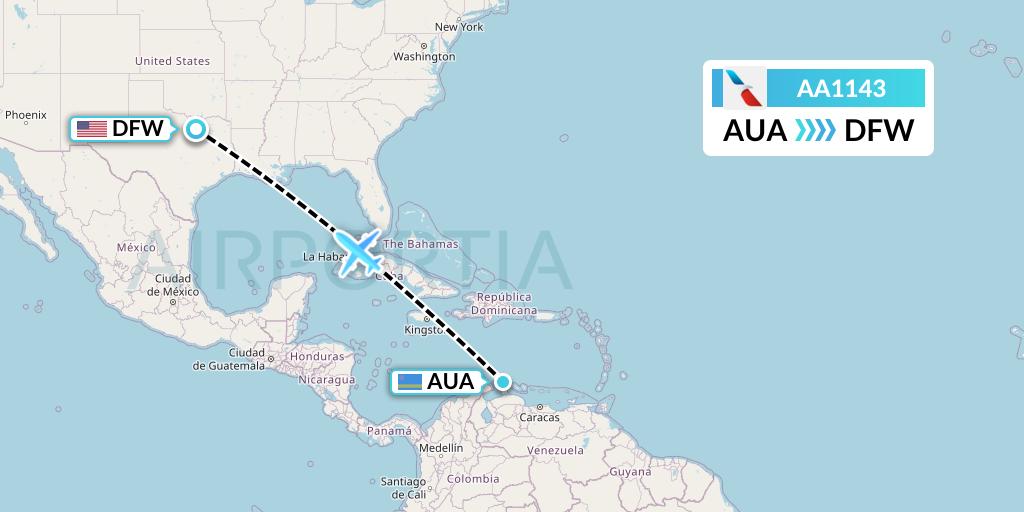 AA1143 American Airlines Flight Map: Oranjestad to Dallas