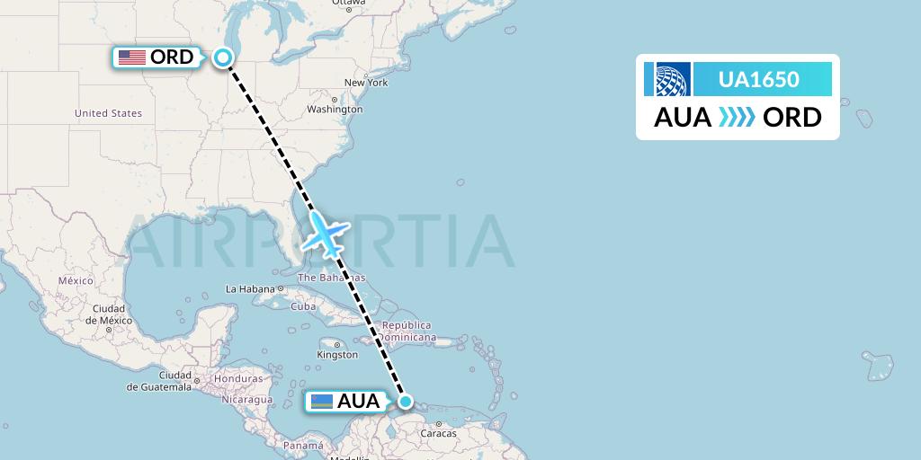 UA1650 United Airlines Flight Map: Oranjestad to Chicago
