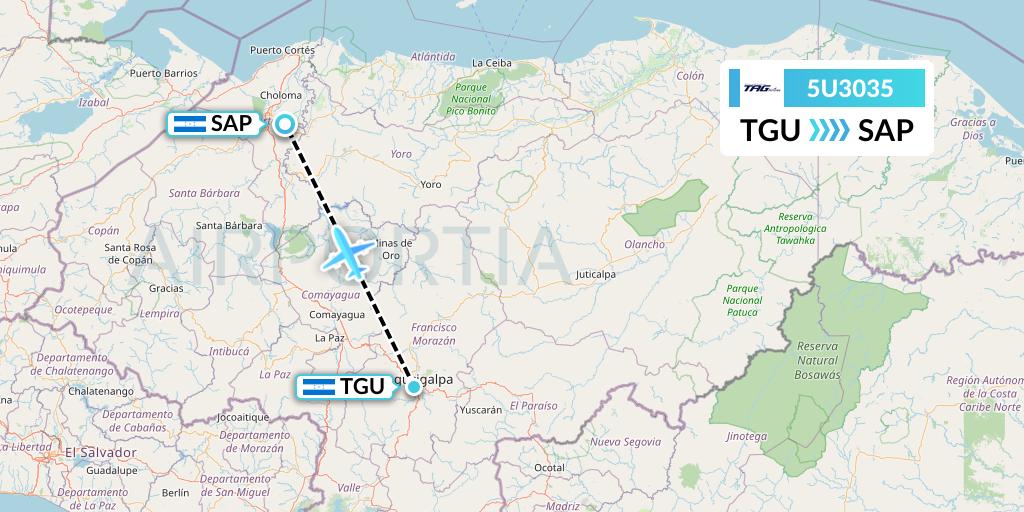 5U3035 TAG Airlines Flight Map: Tegucigalpa to San Pedro Sula