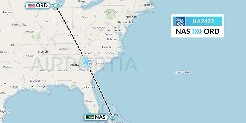 UA2422 United Airlines Flight Map: Nassau to Chicago
