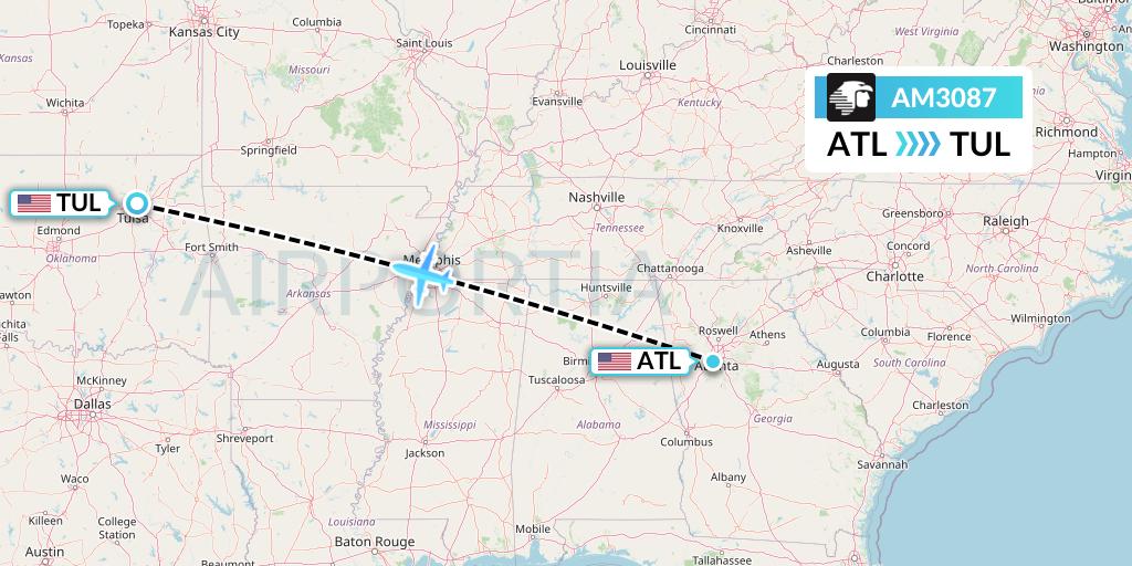 AM3087 Aeromexico Flight Map: Atlanta to Tulsa