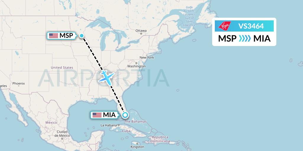 VS3464 Virgin Atlantic Airways Flight Map: Minneapolis to Miami
