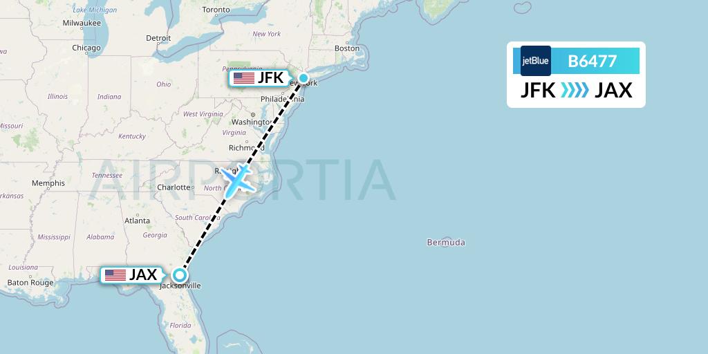 B6477 JetBlue Airways Flight Map: New York to Jacksonville