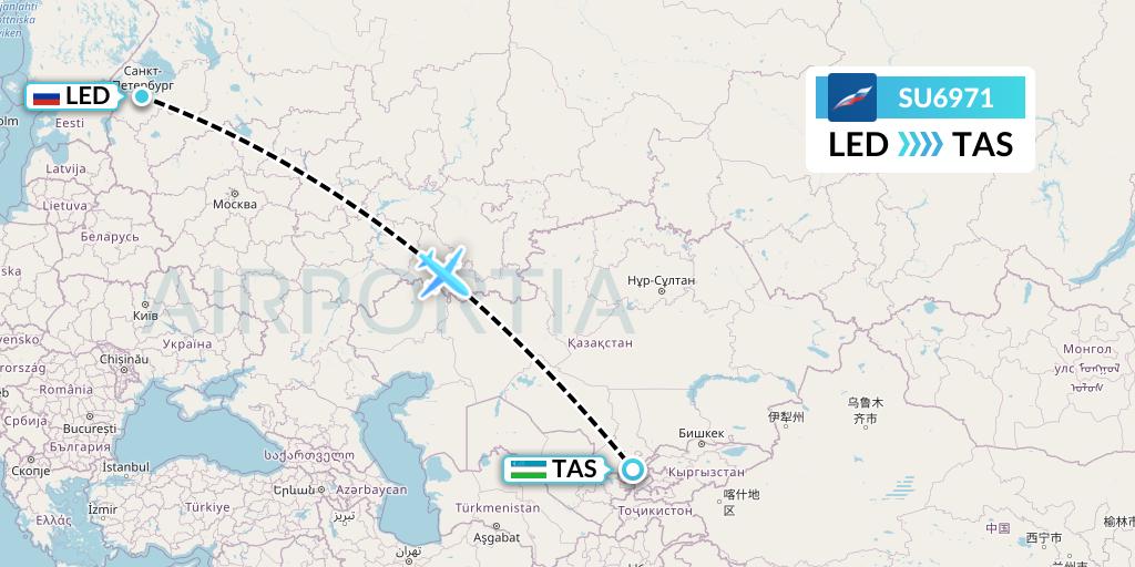 SU6971 Aeroflot Flight Map: St. Petersburg to Tashkent