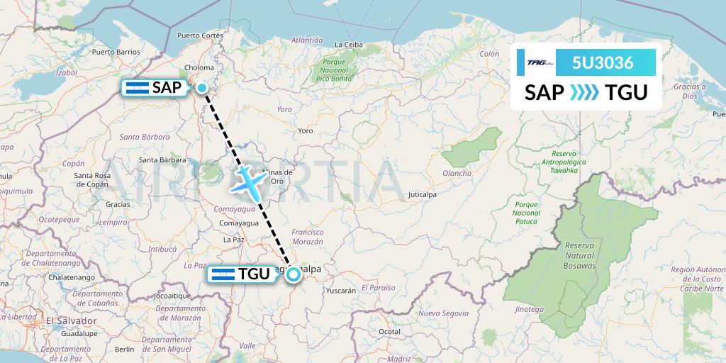 5U3036 TAG Airlines Flight Map: San Pedro Sula to Tegucigalpa